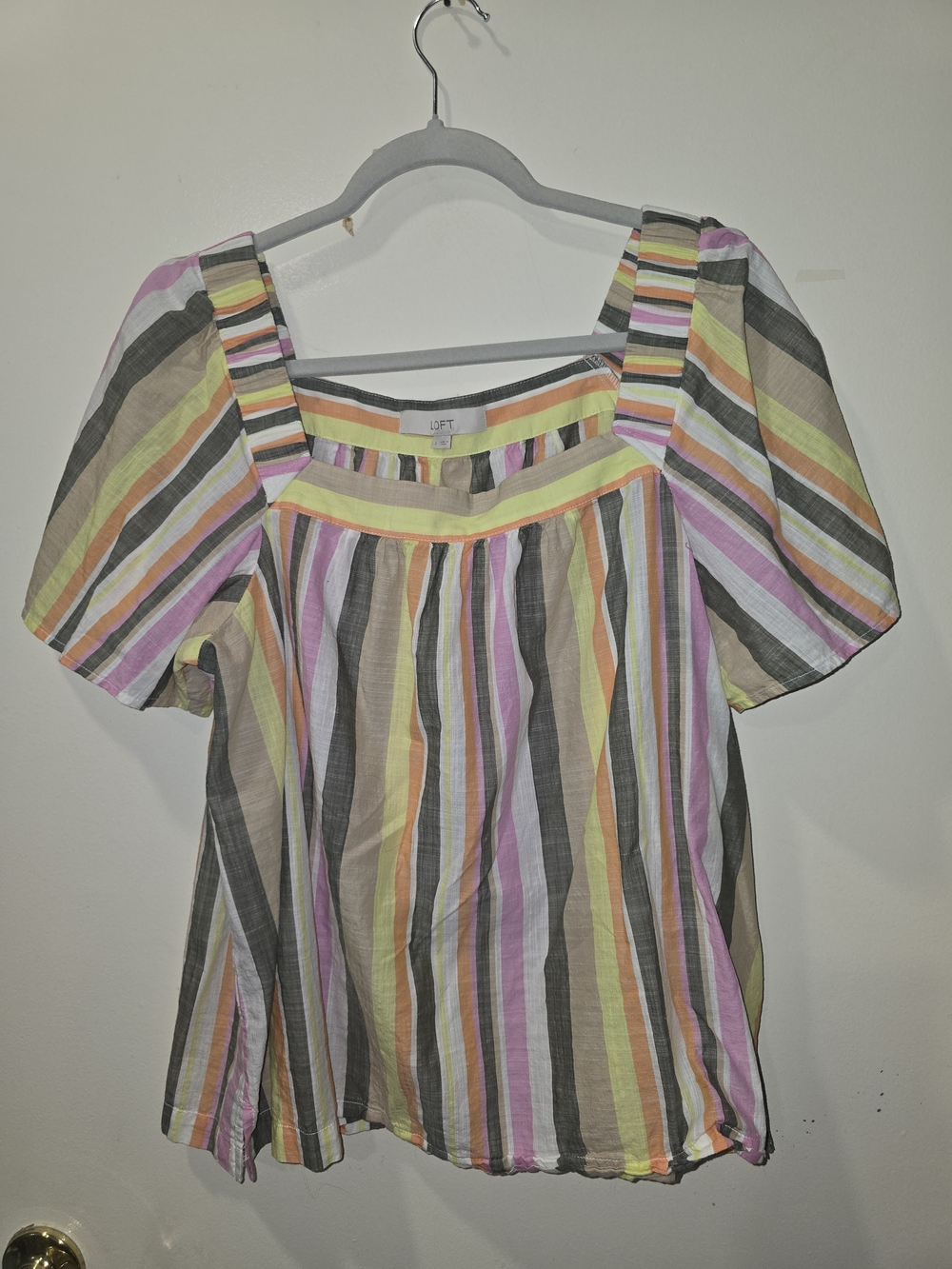LOFT Pastel Multi-Stripe Square Neck Puff Sleeve Top